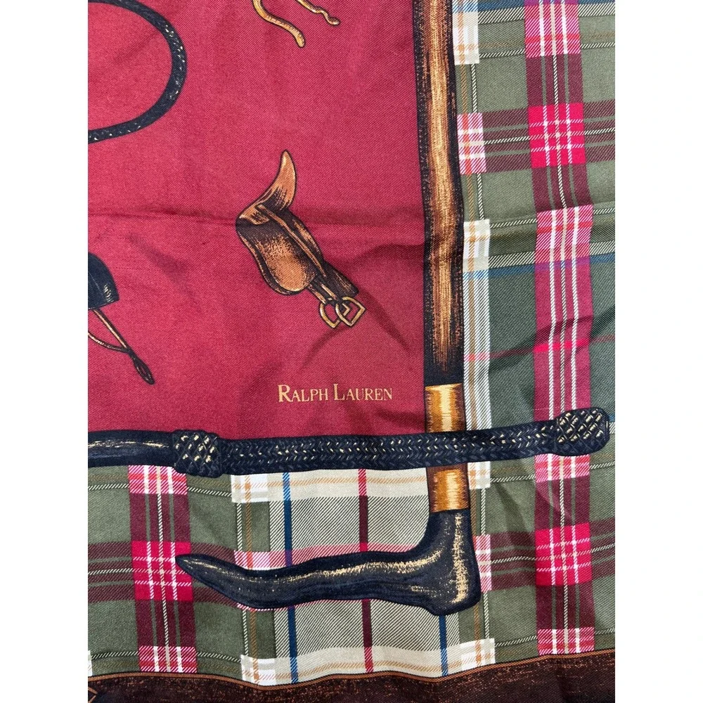 Ralph Lauren Silk Scarf Burgundy Equestrian Horse Plaid Made in Japan Square